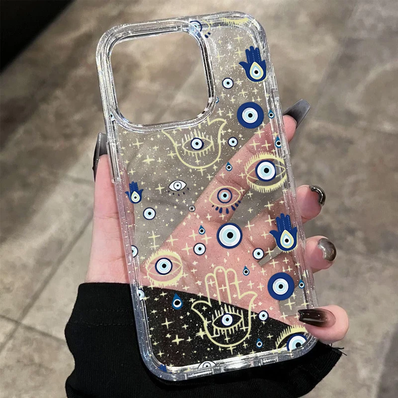 Minimalistische und Stilvolle Weiße Handyhülle für iPhone 17 Pro Max 16 Plus 15 14 13 12 11 7 8 17E XS X XR mit Böser-Blick-Palmenmuster-Design