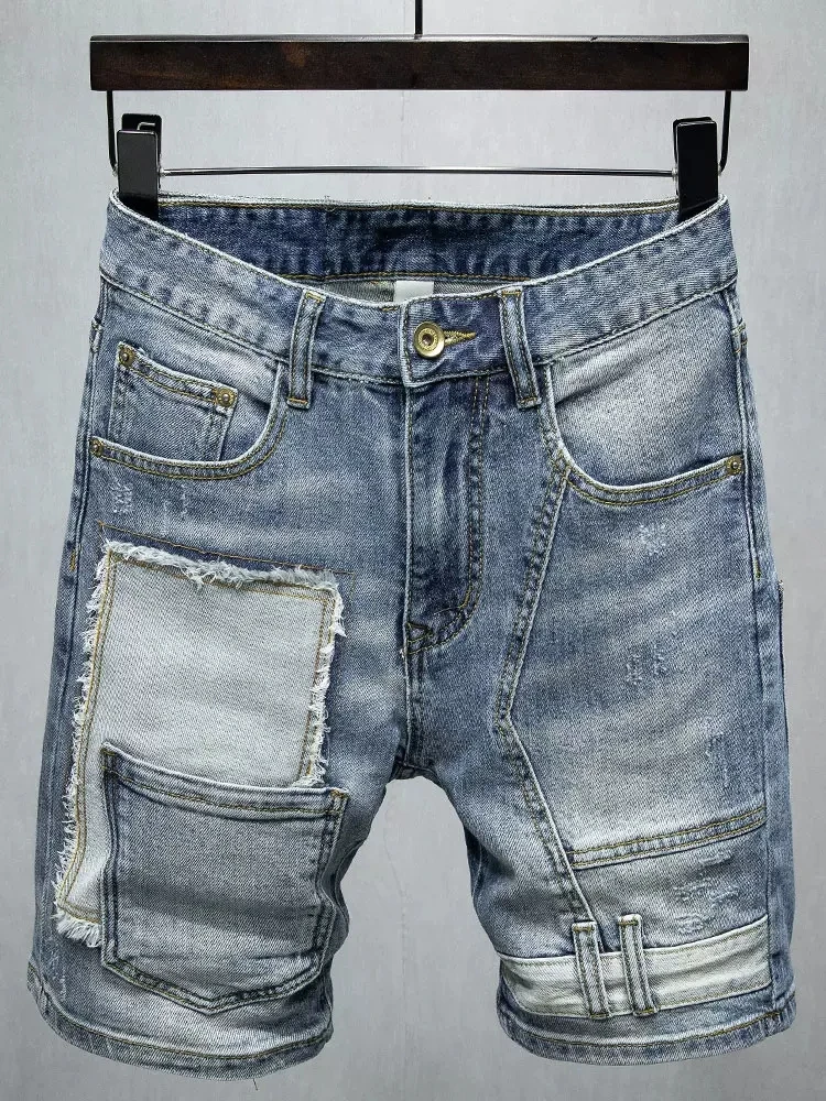 Summer Fashion Designer Men Jeans Retro Blue Elastic Stretch Patched Ripped Short Jeans Multi Pockets Hip Hop Denim Shorts Men