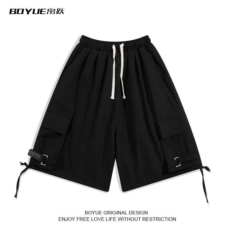 

2022 Summer Hong Kong Style Retro Cotton Overalls Shorts Male Youth Japanese Casual Pants Trend Drawstring Sports Casual Shorts
