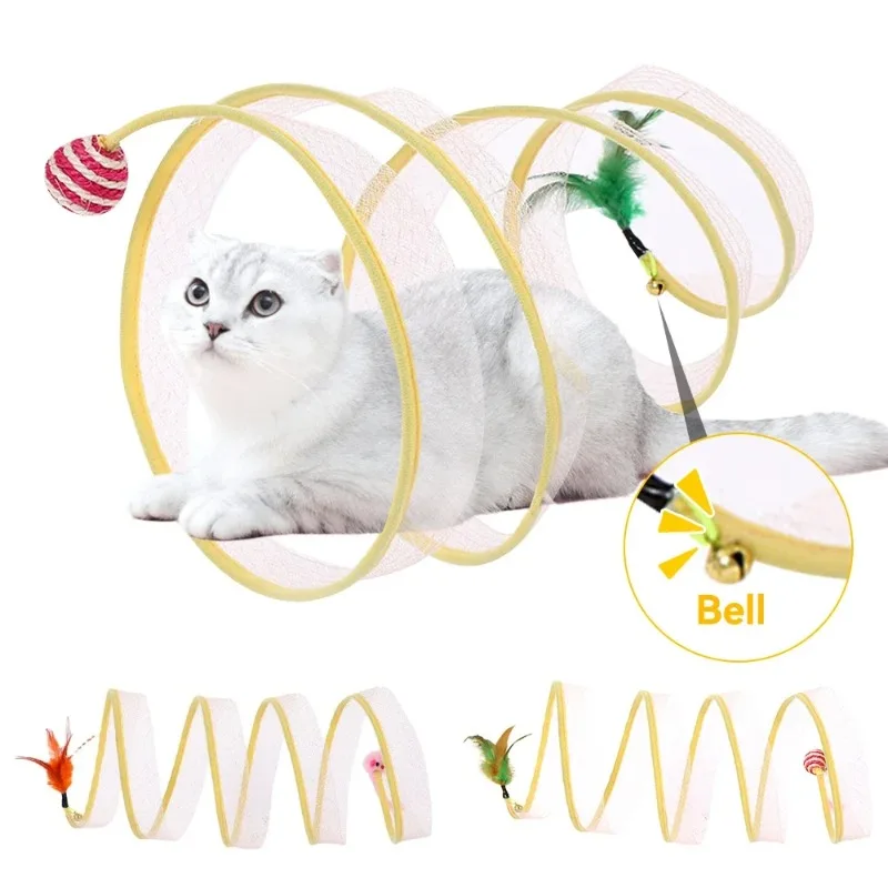 

S-Shaped Retractable Tunnel Toy for Cats and Dogs, Interactive Cat Training Toy with Balls and Feathers Cat Hole Toy