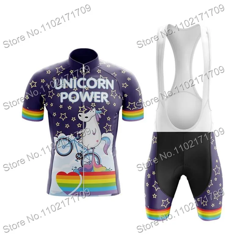 Power By Unicorn Cycling Jersey Set Short Sleeve Unicorn Bicycle Clothing Blue Summer Bib Shorts Kits MTB Maillot Ropa