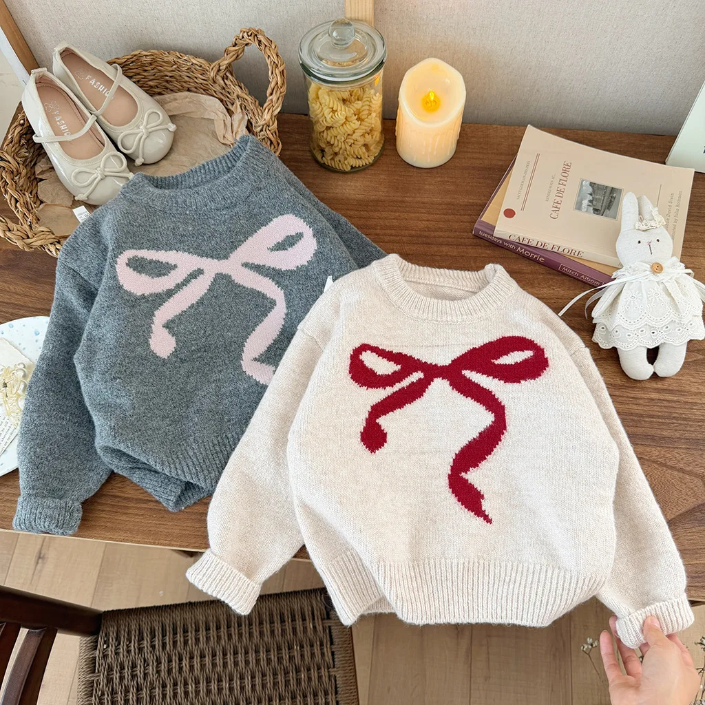 2026 겨울 신상 여아용 두꺼운 따뜻한 다용도 니트 스웨터 어린이용 달콤한 리본 자카드 스웨터