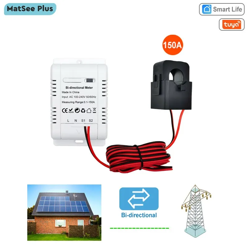 Solar PV Bidirectional Two Way Tuya Smart WiFi ZigBee Energy Meter 150A Clamp Current Transformer App Monitor Power 110V 240VAC