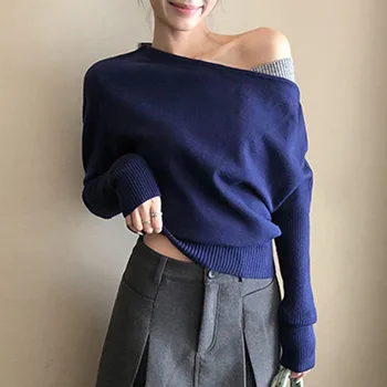 Knitted Sweater Women Pullovers New Long Sleeve Skew Collar Black Knit Sweater Pullover Women Tops Sweaters Women Clothing Q1416