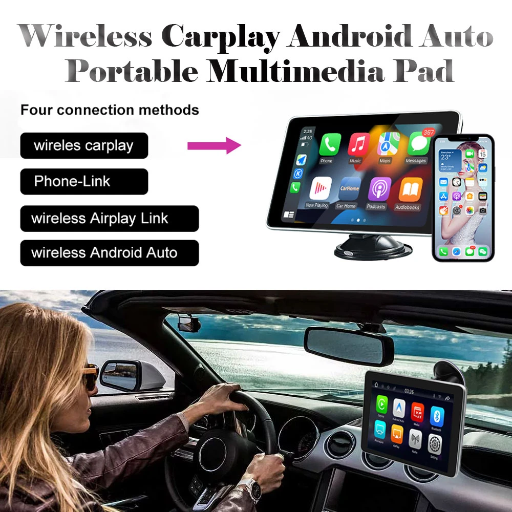 Wireless Android Auto Carplay Tablet Portable Multimedia Player Dual
