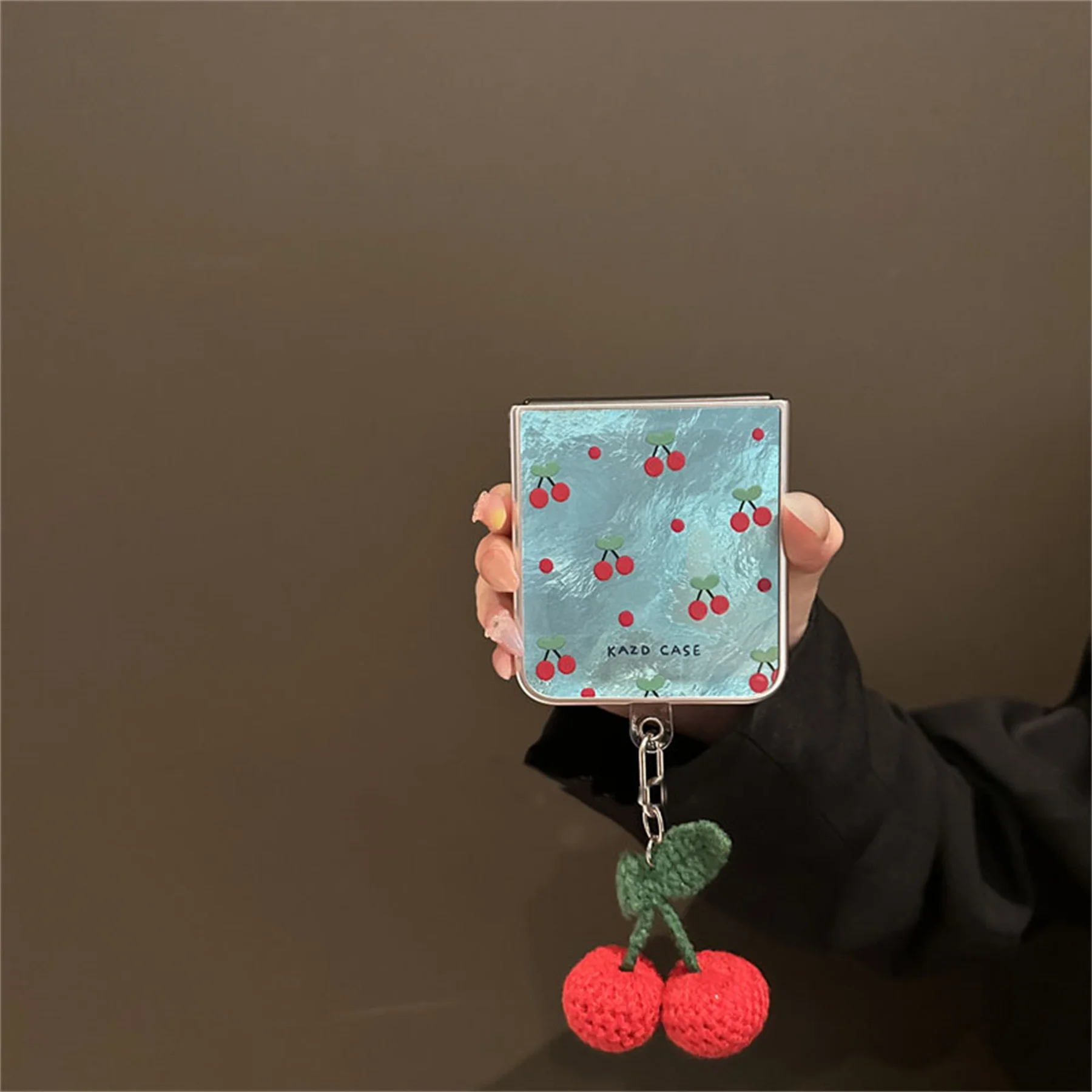 Charming Cherry Glacial Pattern Phone Case with Cherry Pendant Accessory