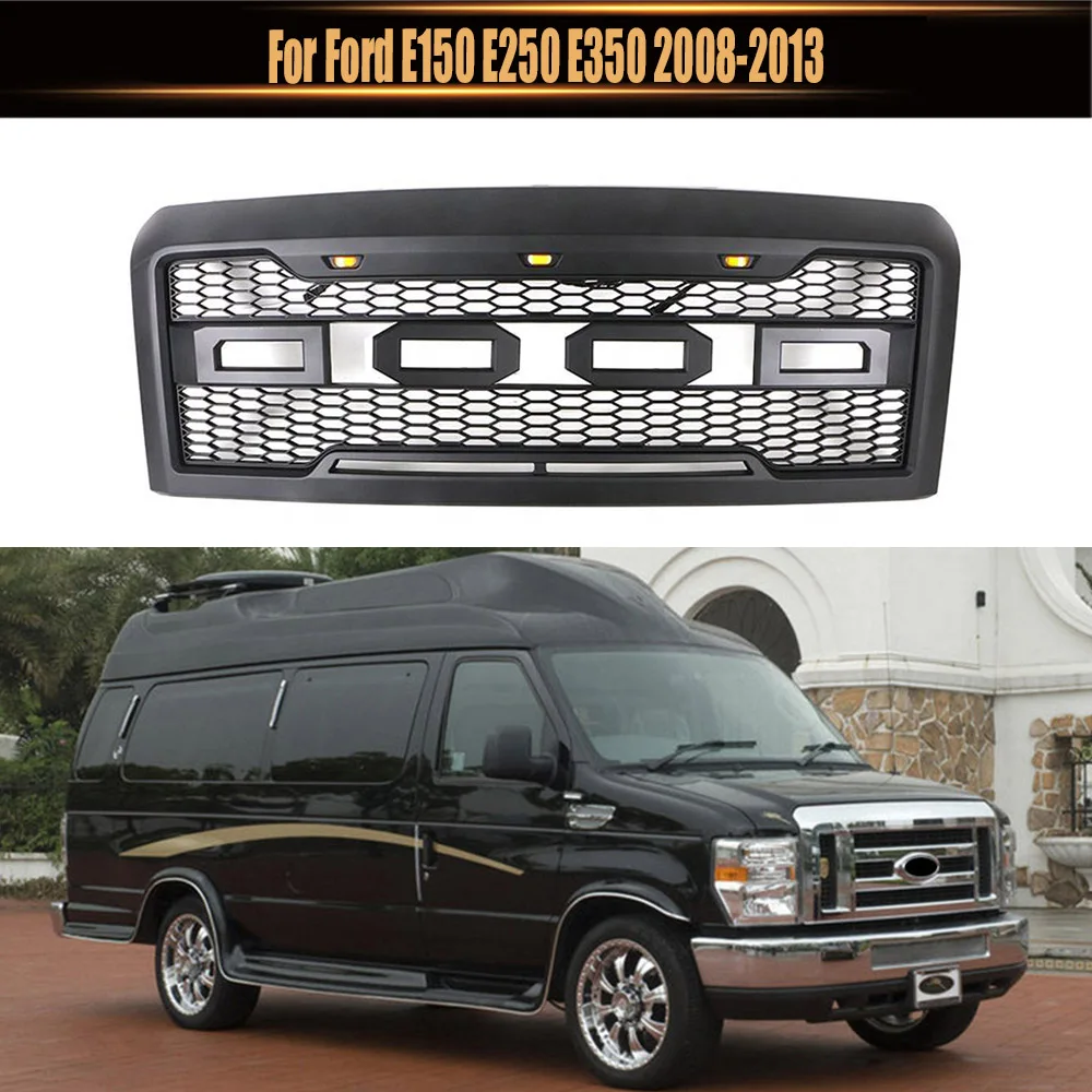 

For Ford E150 E250 E350 2008-2013 4x4 Off road Auto Parts ABS Black Car Front Upper Grille Car Grille With Led Light Bar Fit