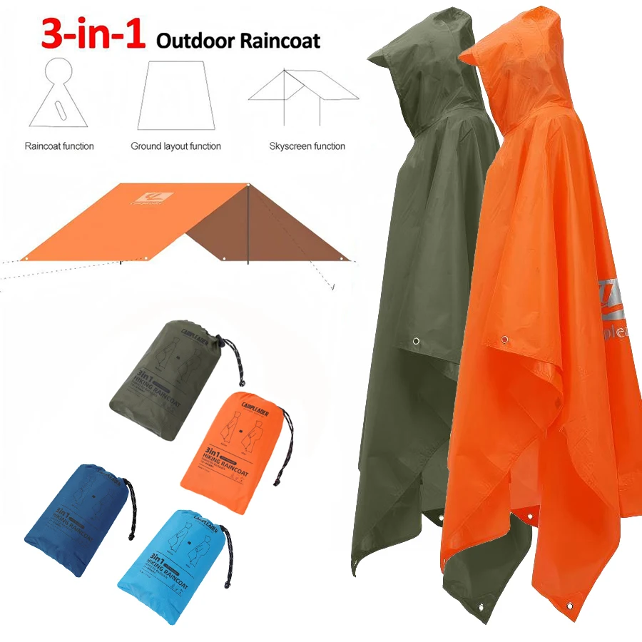 3 In 1 Outdoor Raincoat Hooded Sleeve Waterproof Rain Poncho Motorcycle Rain Cover Camping Hiking Travel Rainwear Tent