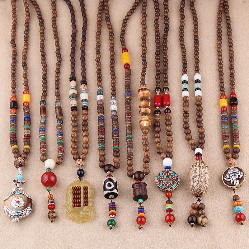 

Ethnic style retro long wooden sweater chain Bodhi pendant wooden bead necklace cotton linen pendant accessories