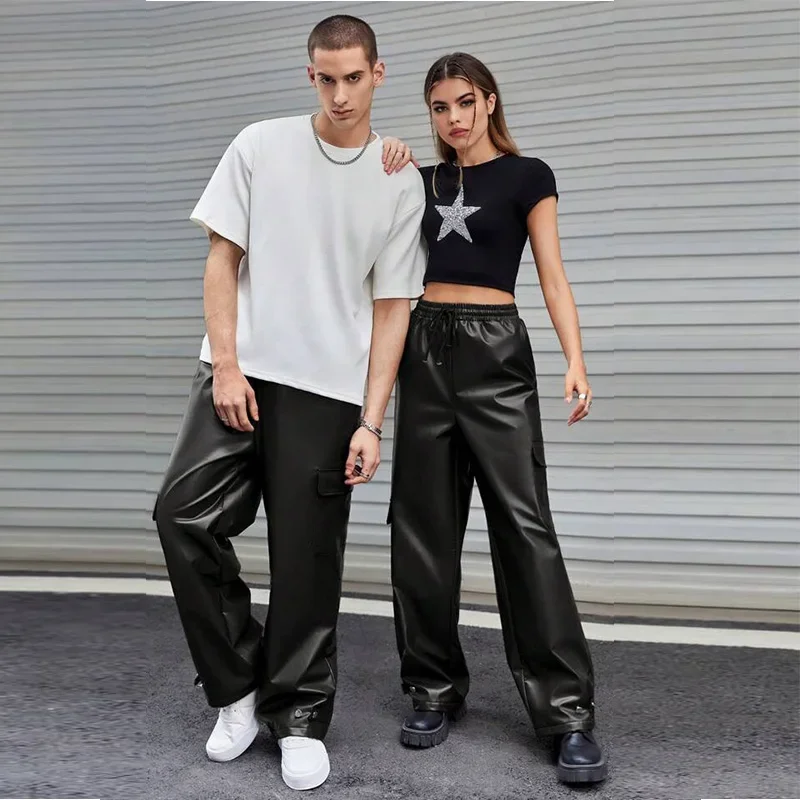 

Men's Chic Matte PU Leather Loose Cargo Pants Flap Pocket Drawstring High Waist Elastic Straight Wide Leg Y2K Trousers Custom