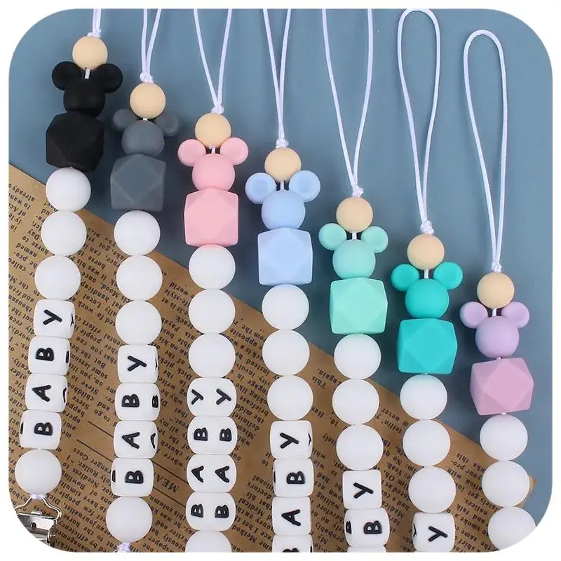 Custom English Silicone Letter Name Animal Silicone Beads Pendant Pacifier Clips Chains Teether Baby Shower Gifts
