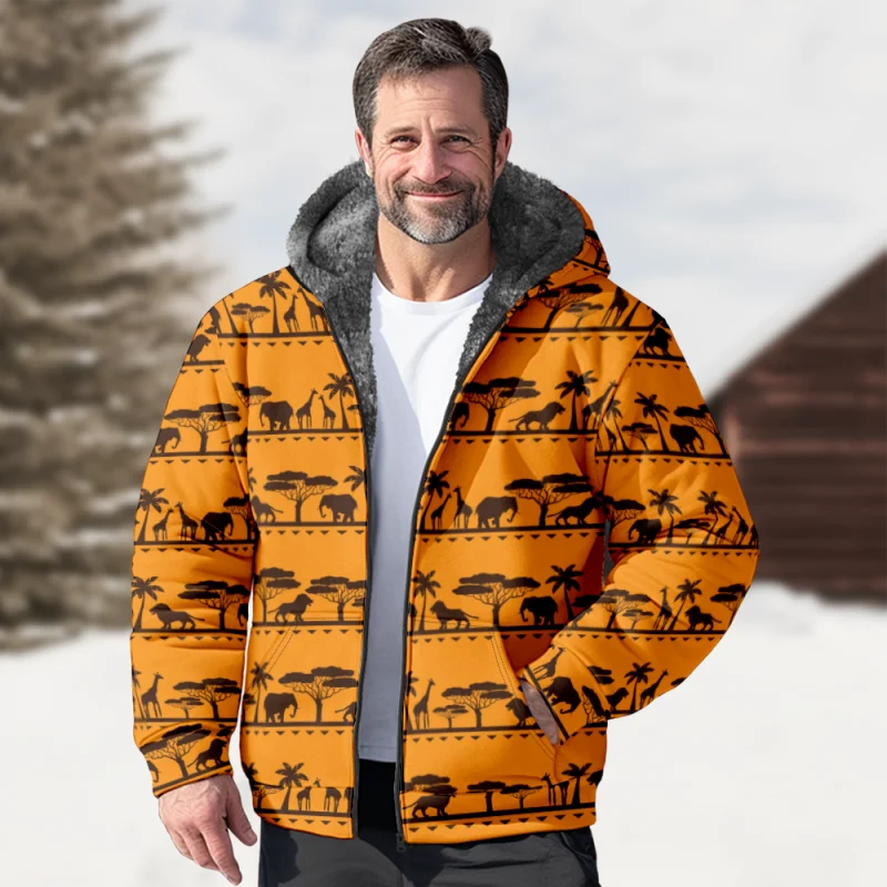 

New Creative Cotton Coat Hooded Sweater Casual Print Men's Fur Loop Arctic Velvet Zipper Patch Pocket Hooded Sweater a48