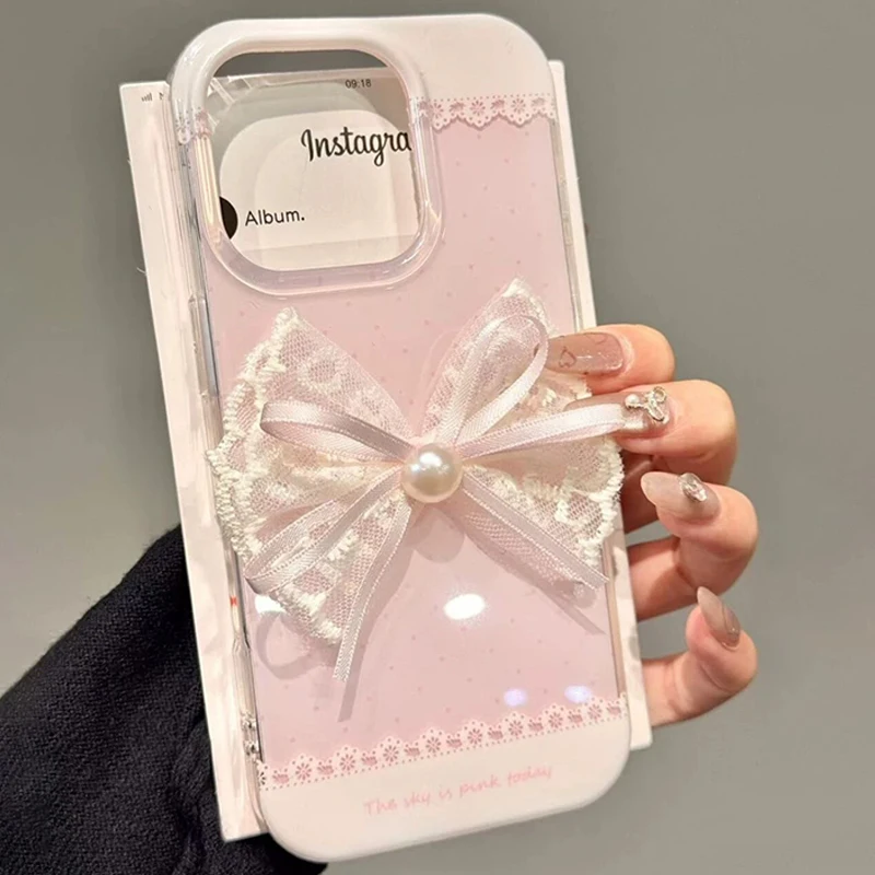 Painted Pink Polka Dot Lace Phone Case with 3D Bow Embellishment
