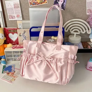 Borsa Tote Stile Coreano 2026, Grande Capacità, Rosa Dolce, Elegante Borsa a Spalla da Donna con Fiocco, in Nylon Plissettato