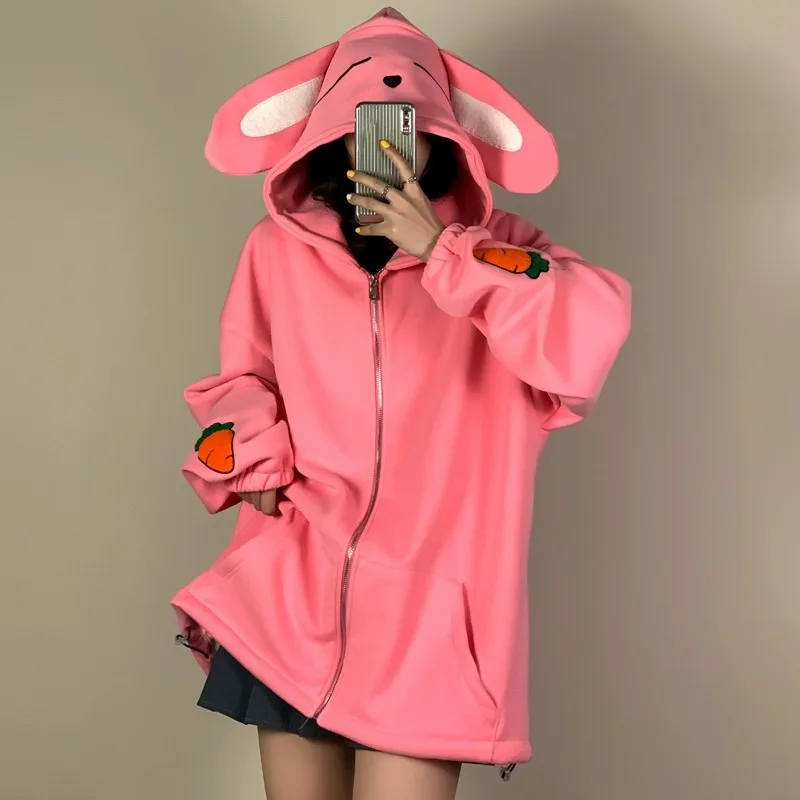 

Cute Cartoon Rabbit Ears Hooded Sweater Autumn And Winter New Thickening Pink White Zipper Cardigan Sweet Cool Lazy Style Women