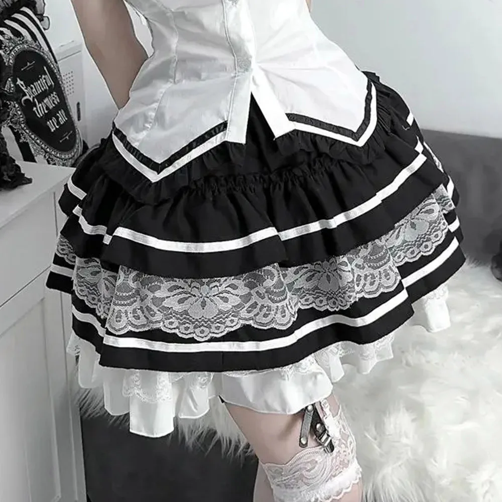 Japanese Lace Tired Cake Skirts Subcultures Harajuku Gothic Punk Girl Suit Ruffle Patchwork Kawaii Cosplay Costume Mini Skirts