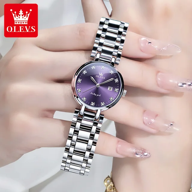 OLEVS 5575 Women Watch Fashion Luxury Elegant Diamond Roman Scale Watch Exquisite Purple Waterproof Watch Original Quartz Watch