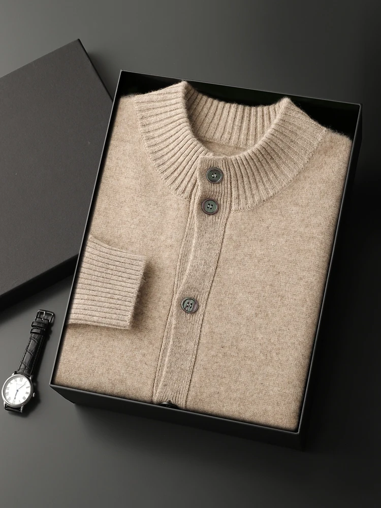 Men Cashmere Sweater Autumn Winter Thick Buttons Cardigan Mock-neck Smart Casual Coat Warm Cashmere Knitwear