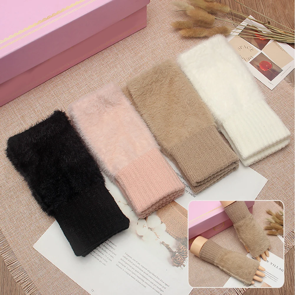 

New Solid Color Plush Gloves For Women Students Autumn Winter Warm Woolen Knitted Touch Screen Open Finger Half Finger Gloves