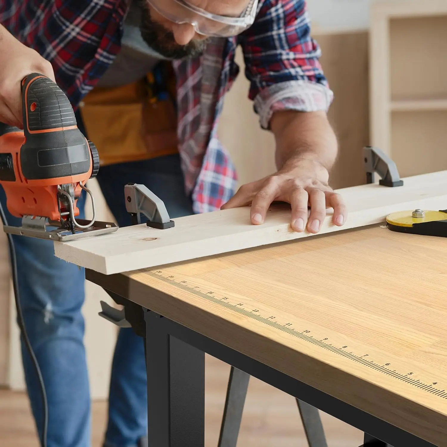 48" Heavy-Duty Adjustable Workbench with Brake Wheels,Hardwood Worktable Weight Capacity Over 2000 Lbs,Rubber Wood Workbench