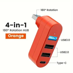 Compact Rotatable USB 3.0 Hub with 4 Ports for Enhanced Data Transfer (USB3.0 orange)