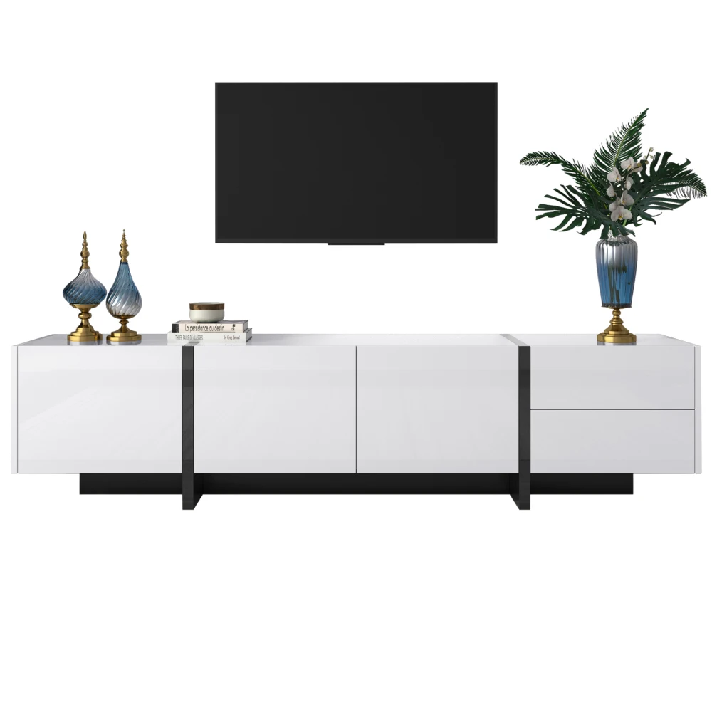 190 cm TV-Schrank mit 3 Türen und Schubladen – Weiß mit goldenen Akzenten und Holzschnitzereien, Lowboard für die Medienaufbewahrung im Wohnzimmer – Detail 18