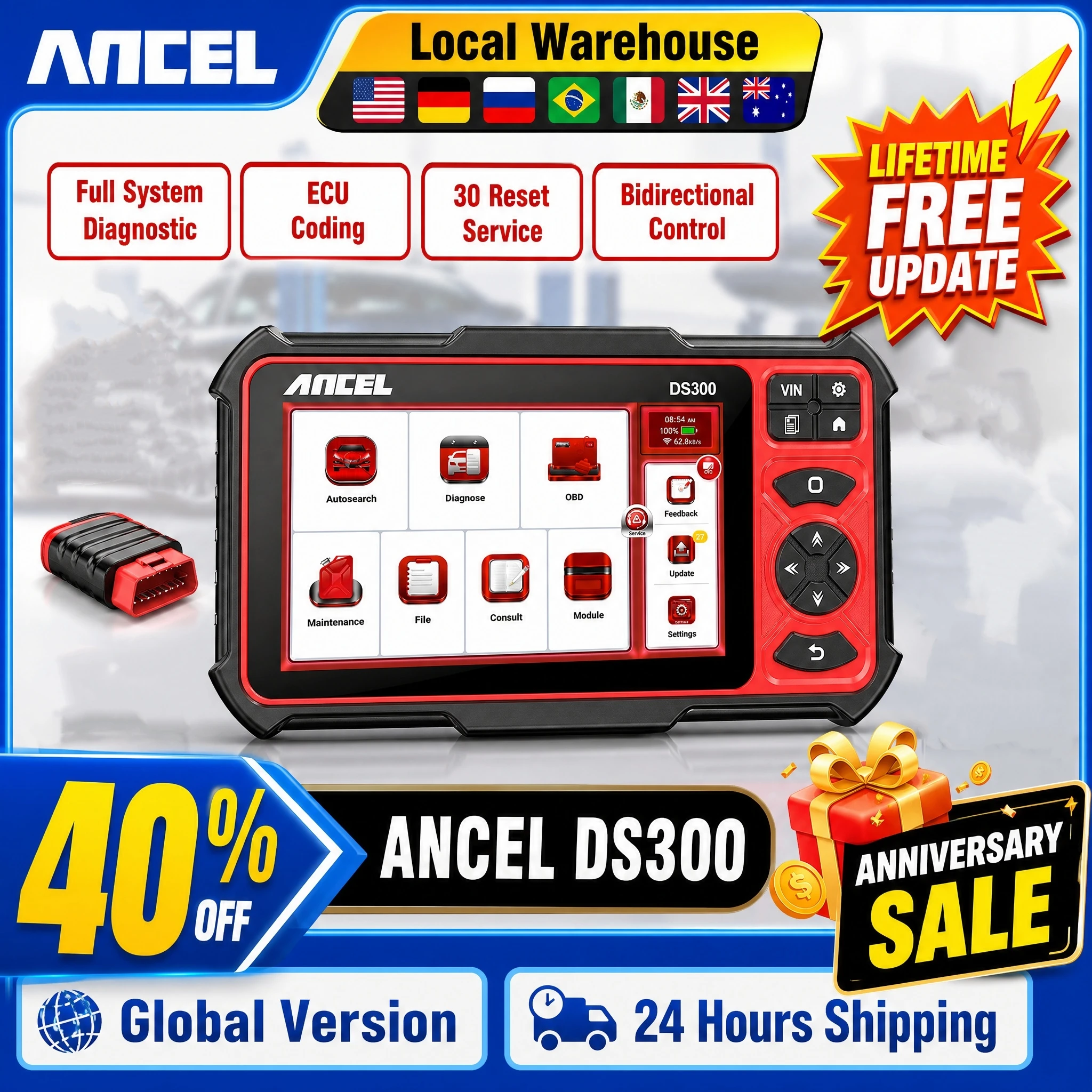 2026 ANCEL DS300 Scanner Automotivo OBD2 Ferramenta de Diagnóstico Completo do Sistema Codificação ECU 28+ Funções de Redefinição Controle Bidirecional CANFD DOIP Atualização Gratuita Vitalícia