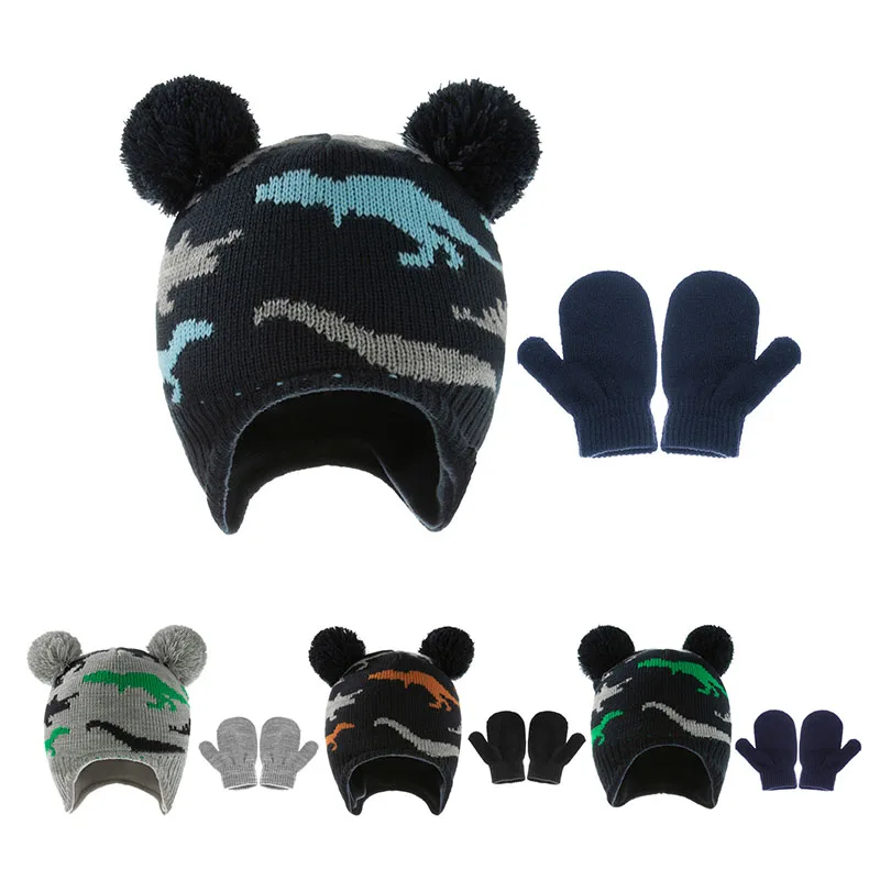 

2pcs Winter Cartoon Dinosaur Hat Gloves Set Infant Soft Knitting Hat Double Pompom Hat With Earflaps Baby Warm Hat Ear Protectio
