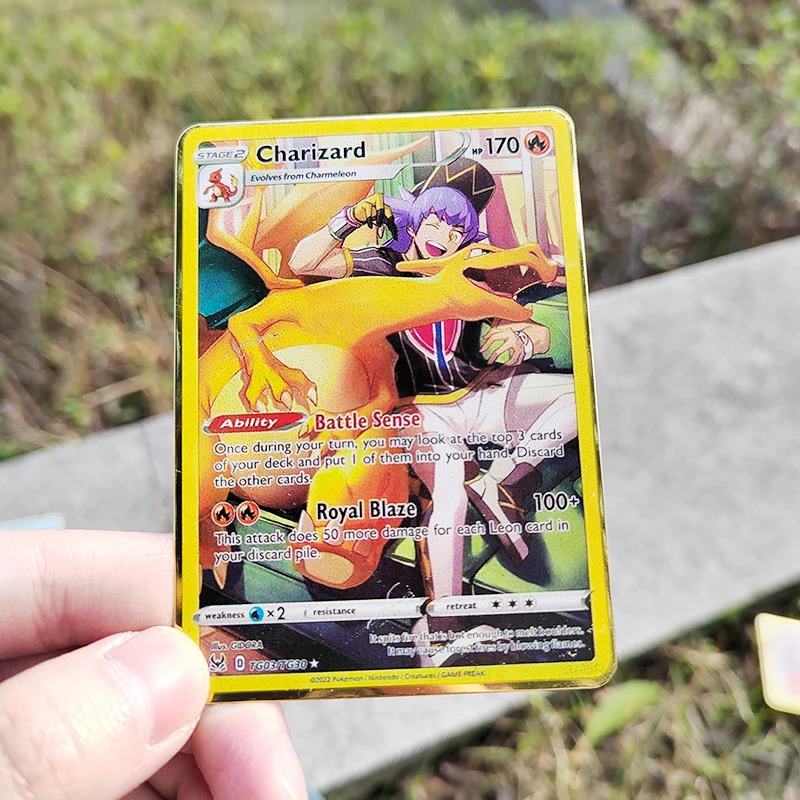 Cartes Pokemon brillantes en fer, Pikachu Mewtwo Charizard Vmax, cartes en  métal doré, lettres Animal Crossing Amiibo, jouets