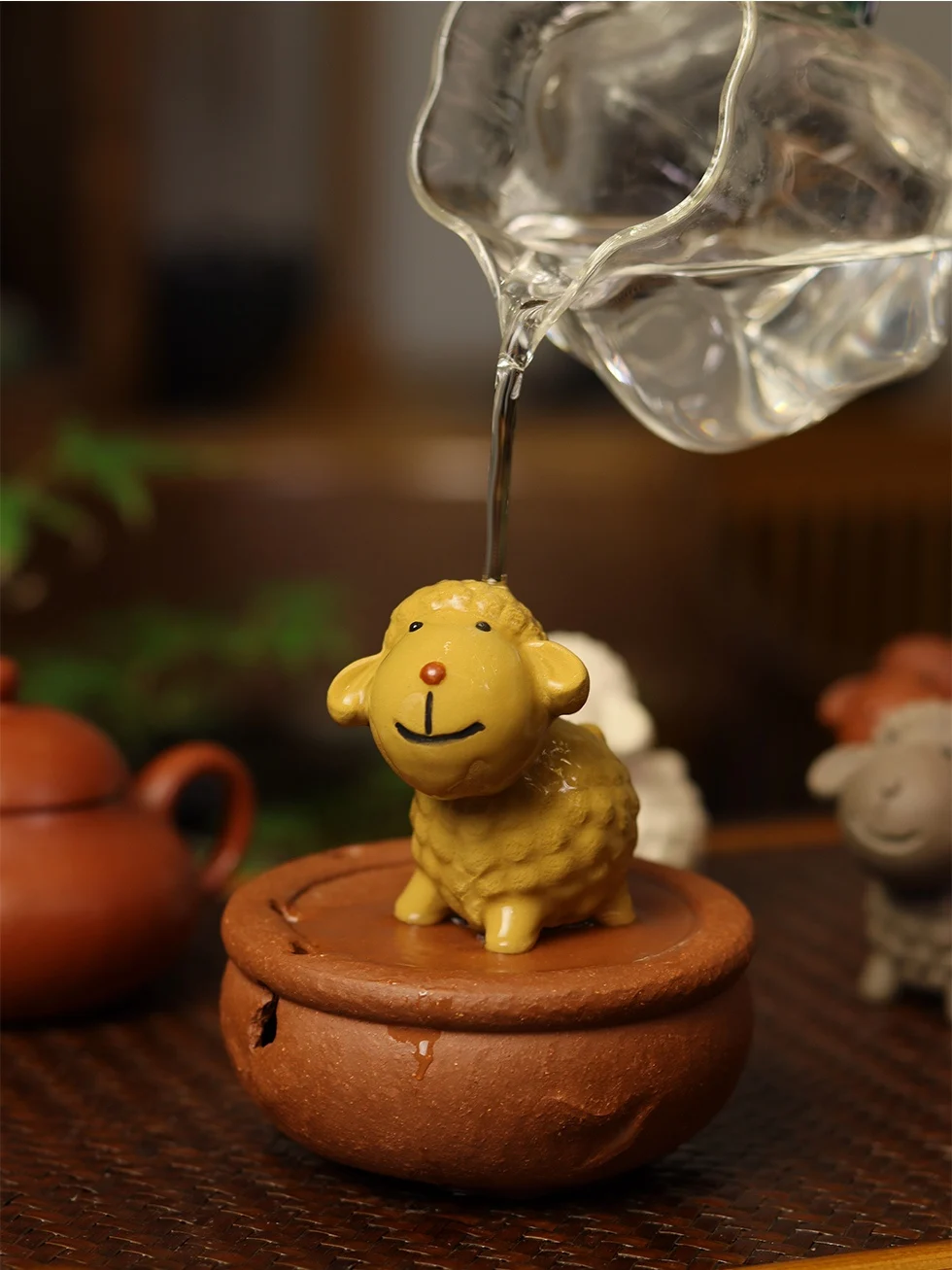 프리미엄 퍼플 클레이 티 펫 양 인형 귀여운 부귀자리 초래 차놀이 선물 차 세트 액세서리 티 테이블 장식품 수제 트렌디