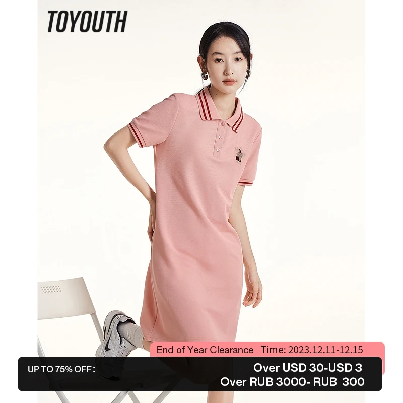 

Toyouth Women Dress 2023 Summer Short Sleeve Polo Neck with Buttons A-shape Elephant Embroidery Casual Chic Black Pink Skirt
