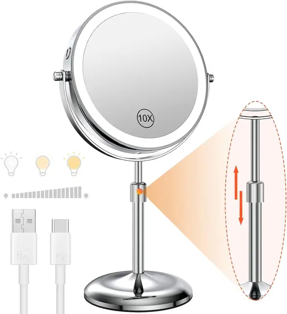 Miroir de maquillage debout avec lampe lumineuse, luminosité réglable, grossissement 10X, 3 lumières pour documents, recommandé, miroir cosmétique, 8 po 1