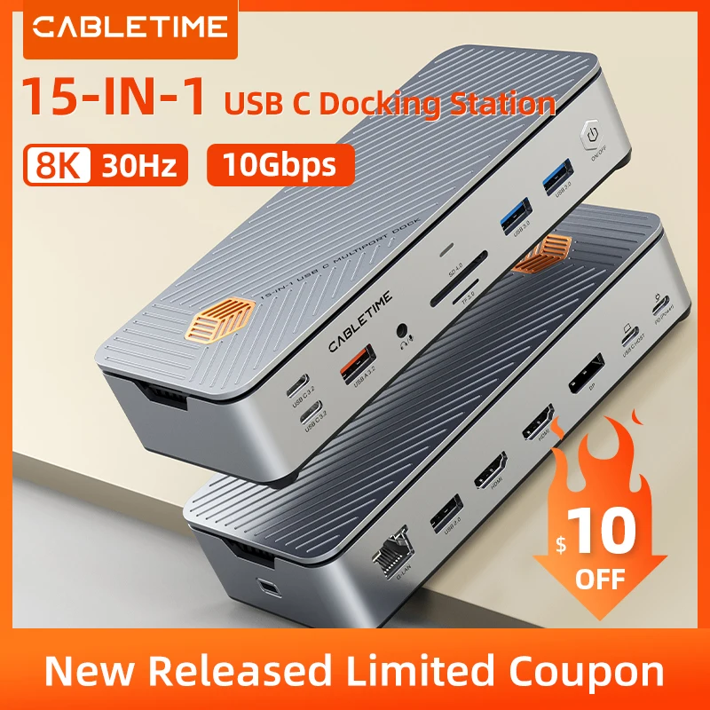 

CABLETIME USB Docking Station 8K 15 in 1 USB C DP HDMI RJ45 1000Mbps USB 10Gbps PD100W for MacBook ASUS Dock HUB C470