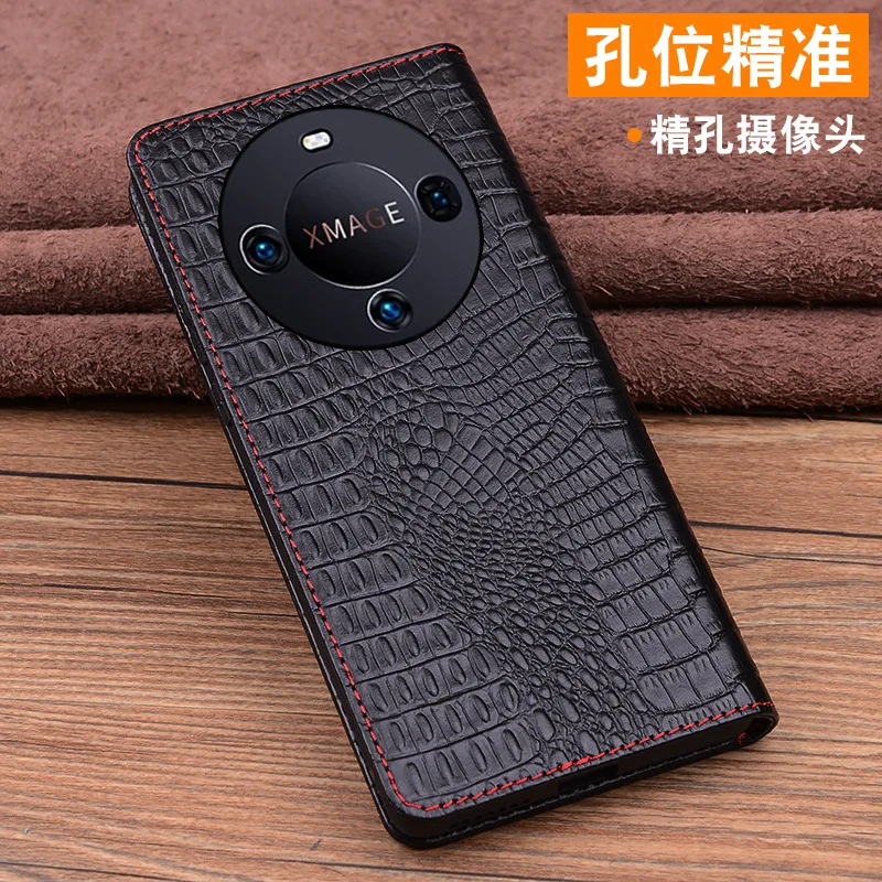 Lluxury Genuine Leather Magnet Clasp Phone Flip Case For Huawei Mate 60 Mate60 Pro Crocodile Grids Grain Stitching Holder Cover