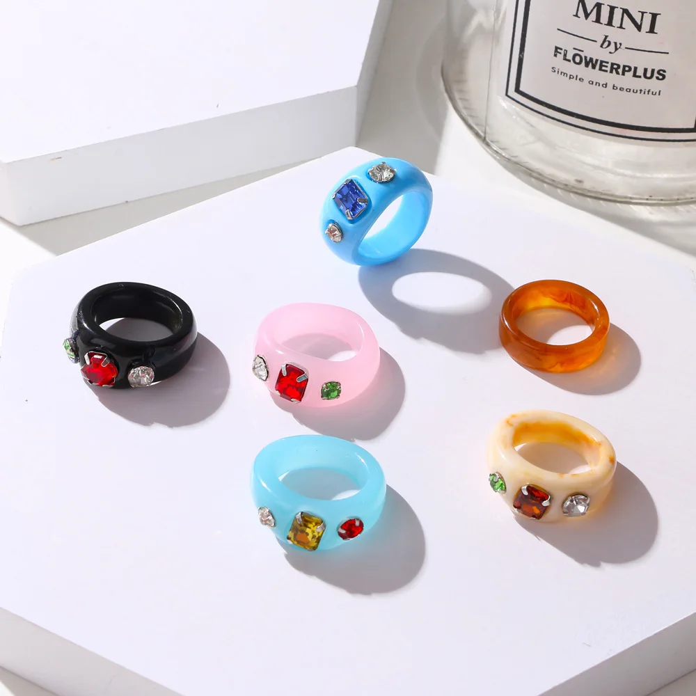 Trend Colorful Women's Resin Mood Ring Vintage Simple Acrylic Rings With Rhinestone Geometric Hip Hop Plastic Rings Jewelry finger ring