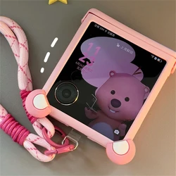 Korean Cute Cartoon Anime Pink Ear Phone Case with Hand Strap Cover for Magic V Flip (Pink)