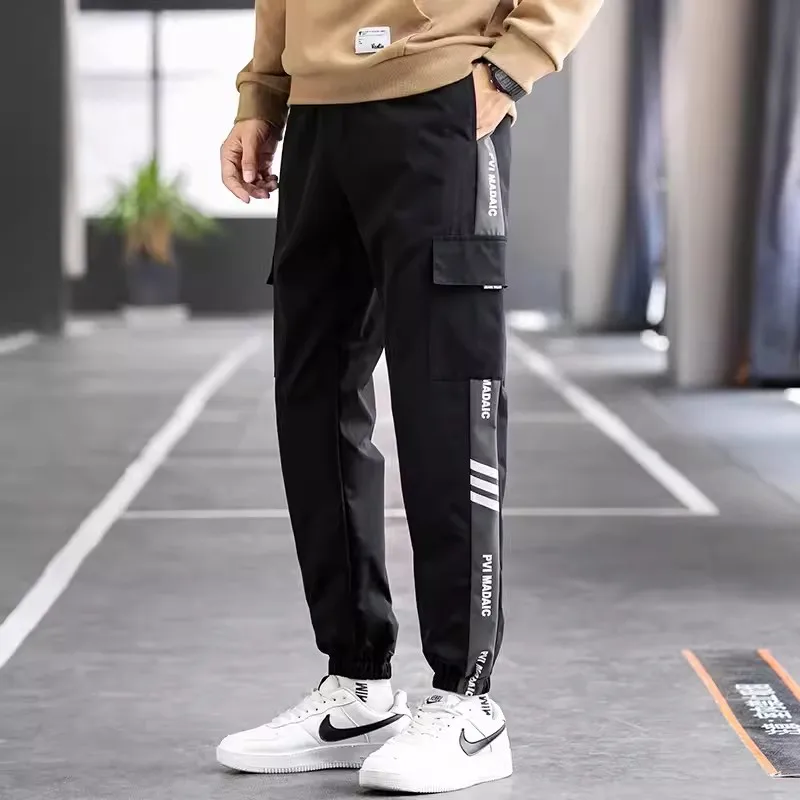 Summer 2023 New Thin Casual Sports Pants Fashion Loose Solid Leggings Trousers Big Pockets Elastic Mid-Waist Male Pants