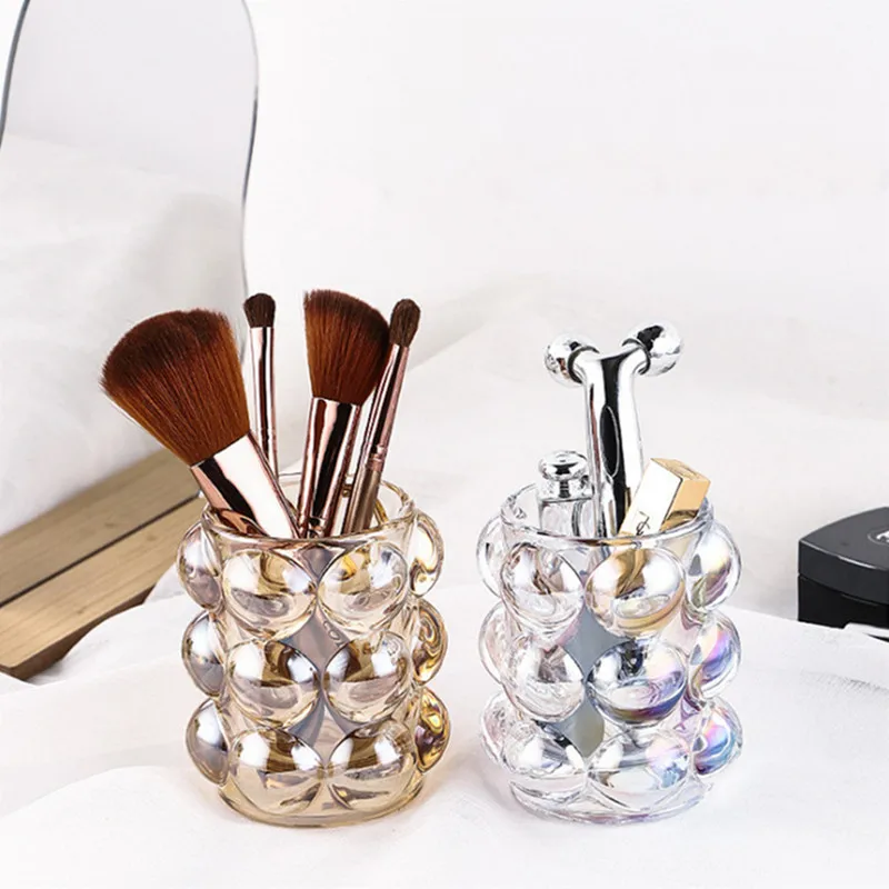 Multi-Use Glass Cosmetics Stationery Storage Cup Desktop Makeup Brush Eyebrow Pencil Holder Bedroom Dressing Table Organizer Cosmetic Storage Box Makeup Organizer