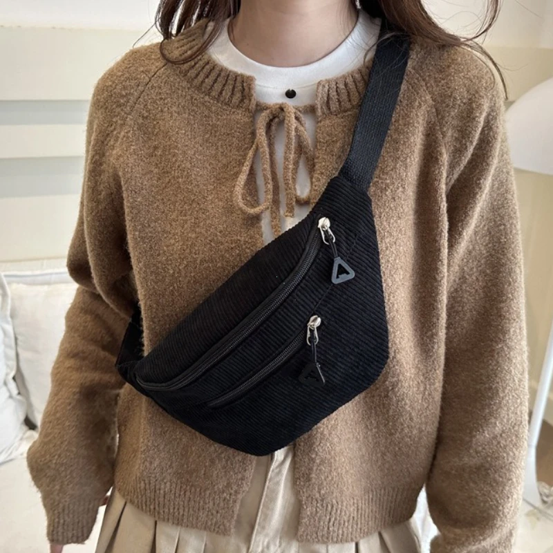 Lightweight Corduroy Fanny Pack Crossbody Bag Fashionable Retro Style Casual Chest Waist Bag Fresh Style Korean Version Handbags