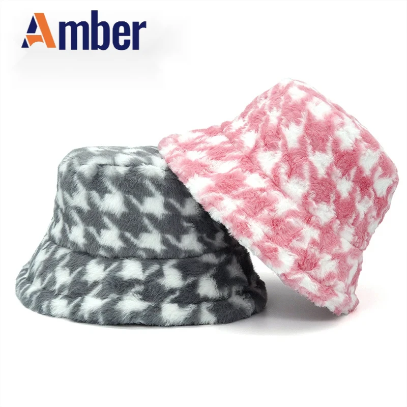 Amber Houndstooth Bucket Hat Winter Thickened Panama Fisherman Hat For Women Soft Fluffy Warm Winter Autumn Faux Fur Outdoor Cap