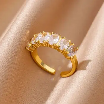Geometric Luxury Zircon Rings for Women Stainless Steel Gold Color Open Adjustable Wedding Ring Aesthetic Jewelry Gift anillos