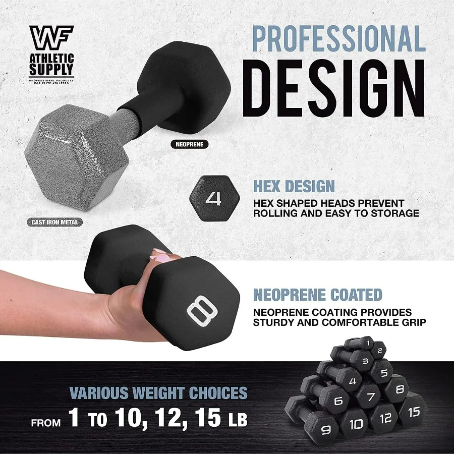 Black Neoprene Dumbbell Set, Non-Slip & Hex Shape, Great for Muscle Toning, Strength Building & Weight Loss; Sizes, Dumbbells On