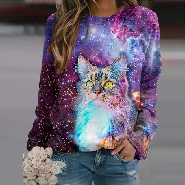 

Fashion Women's Long sleeve Fashion O-neck Cute Cat Top Sweatshirts 3D Print Clothes Animal Pullovers Kawaii Girl Clothing Tops