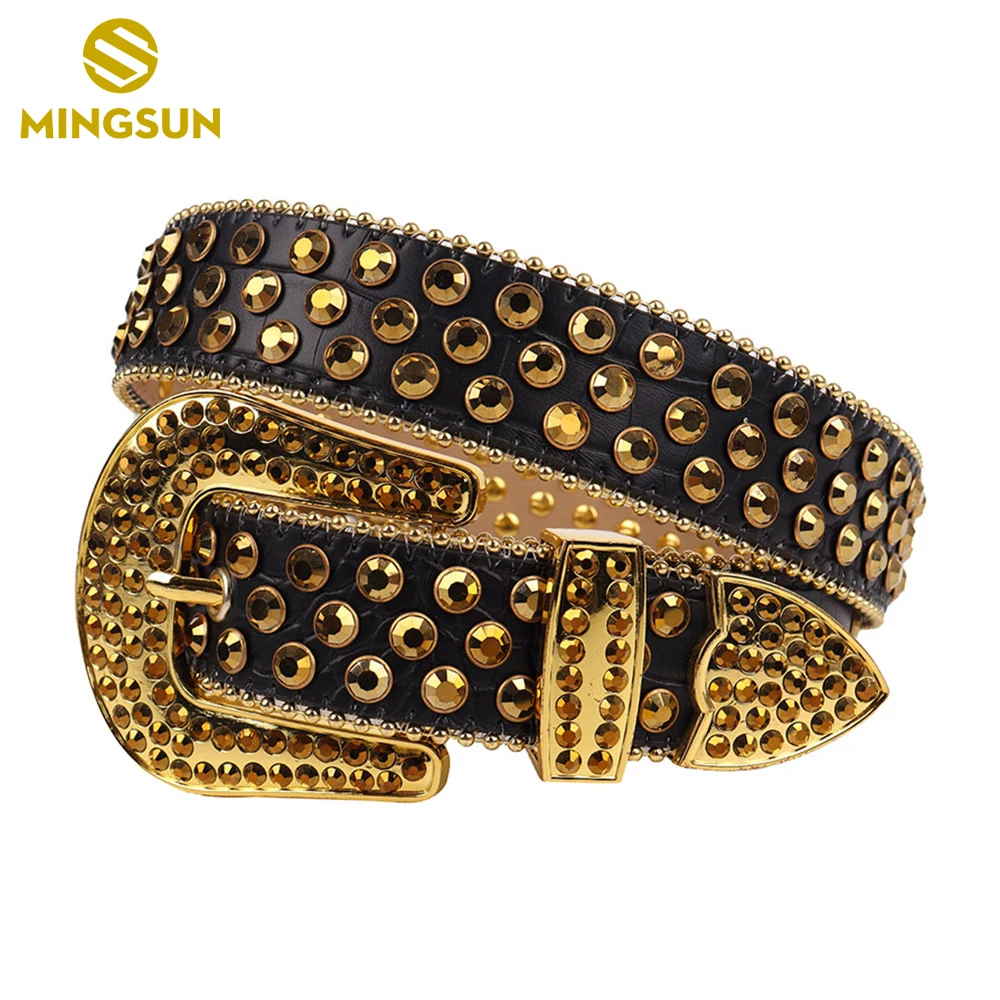 Black Leather Studded Belt for Men Western Cowboy Bling Rhinestone Belt Vintage Large Gold Diamond Buckle Unisex Ceinture Homme