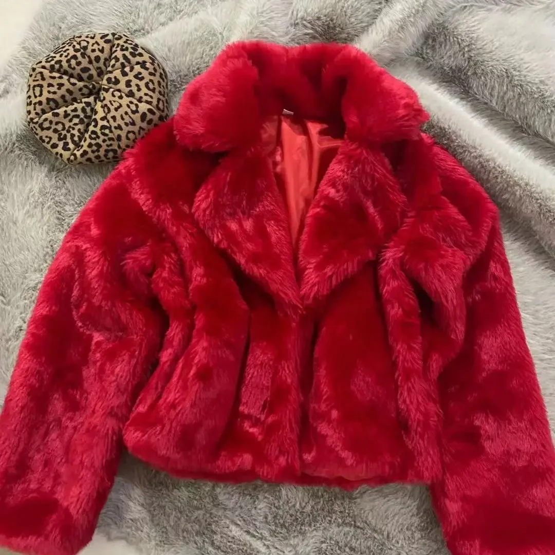 Cropped Fur Red Fuzzy Crop Jacket Women Faux Fur Turn Down Collar