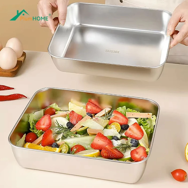 Stainless steel Square Plate with Lid Food Grade Thickened Metal Baking Dish for Oven Kitchen Tray