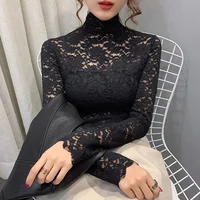 Chemise à manches pétales en dentelle florale extensible pour femmes, t-shirt à manches longues S-3XL pour dames, chemisier en Perspective, hauts Sexy en dentelle, vêtements 3