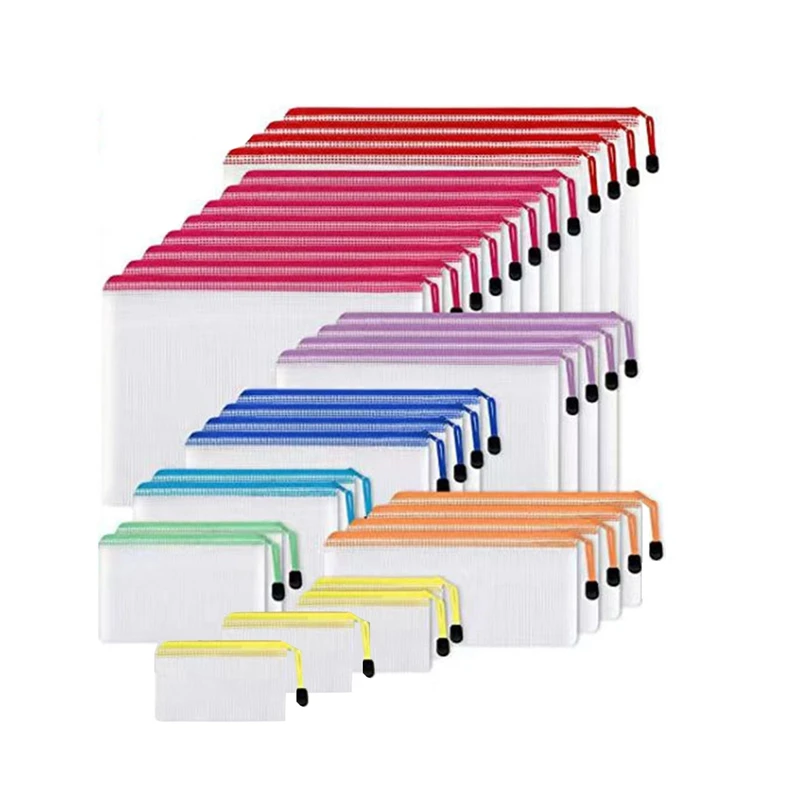 정리정돈 메쉬 지퍼 파우치 백, 32 피스, 8 가지 크기, 지퍼가 있는 메쉬 백, 여행용, 사무용품