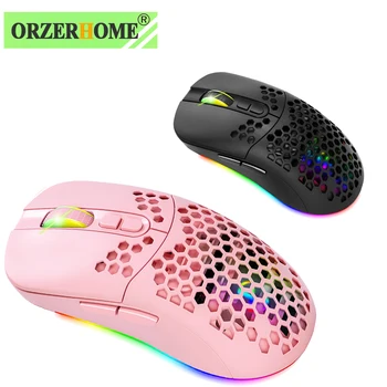 ORZERHOME-RGB 듀얼 모드 허니콤 무선 충전 마우스, 충전식 USB 2.4GHz 게임 마우스, 컴퓨터 PC 핑크 게임 마우스