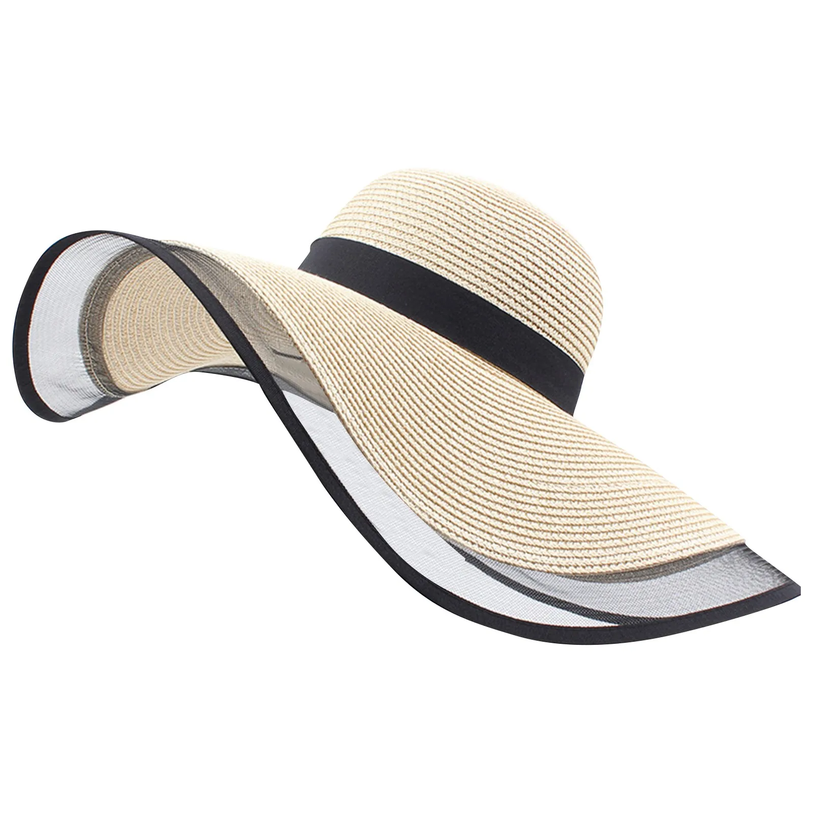 Women'S Vintage Straw Sun Hat Big Eaves Waves Beach Hawaiian Cap Ladies Light Gauze Brim Elegant Sun Protection Cap Holiday_voghion.com